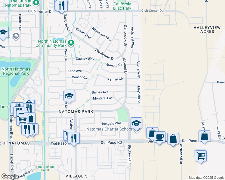 map of restaurants, bars, coffee shops, grocery stores, and more near 1701 Baines Avenue in Sacramento