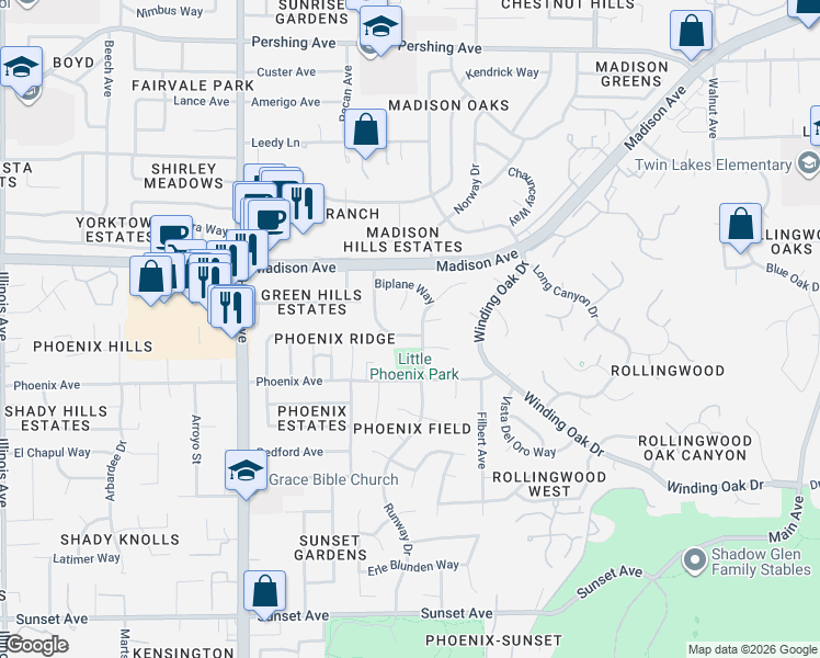 map of restaurants, bars, coffee shops, grocery stores, and more near 5300 Trimotor Court in Fair Oaks