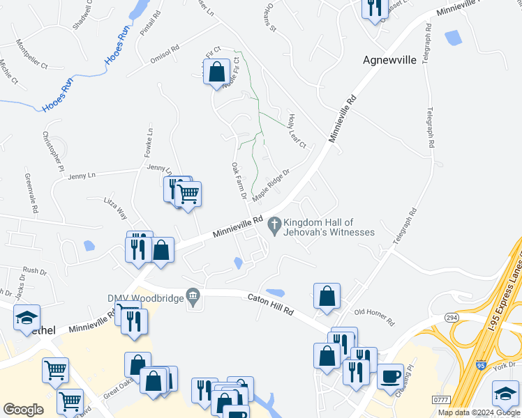 map of restaurants, bars, coffee shops, grocery stores, and more near 2795 Maple Ridge Drive in Woodbridge
