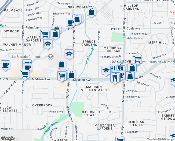 map of restaurants, bars, coffee shops, grocery stores, and more near 5250 Brook Park Lane in Sacramento