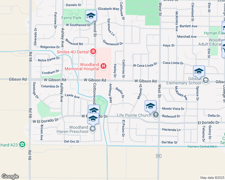 map of restaurants, bars, coffee shops, grocery stores, and more near 418 Baylor Drive in Woodland