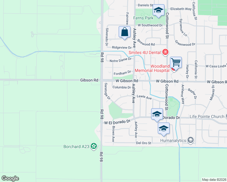 map of restaurants, bars, coffee shops, grocery stores, and more near 1508 Columbia Drive in Woodland