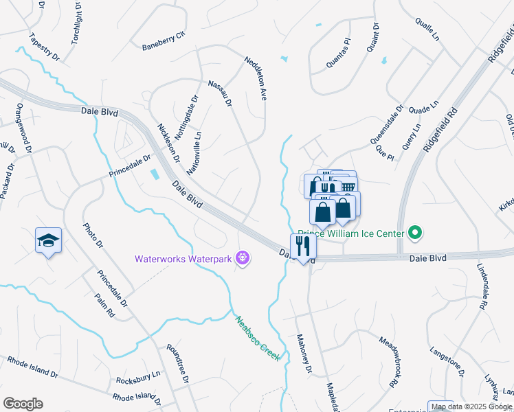 map of restaurants, bars, coffee shops, grocery stores, and more near 13327 Nassau Drive in Woodbridge