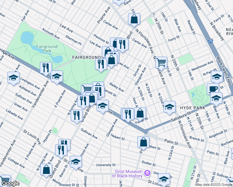 map of restaurants, bars, coffee shops, grocery stores, and more near 3021 Bailey Avenue in St. Louis