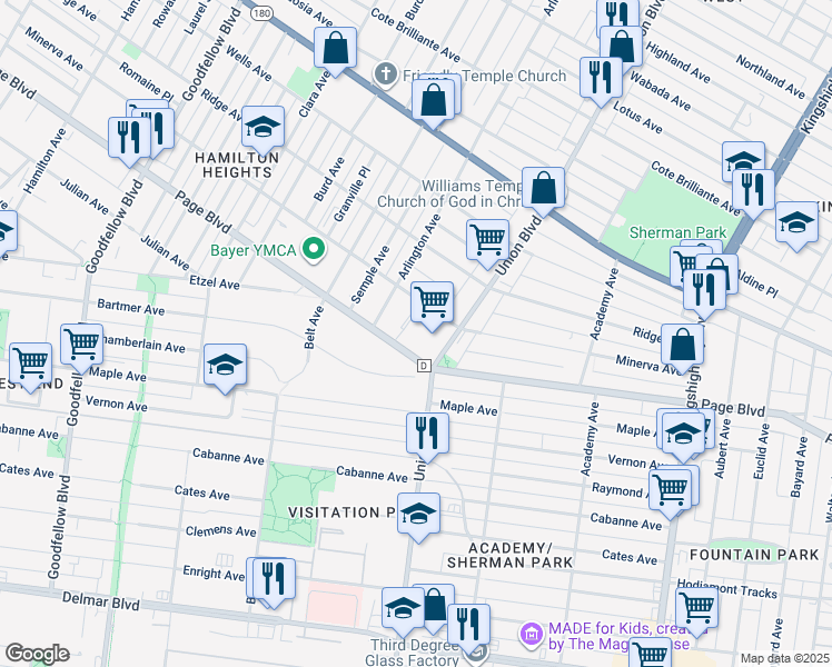 map of restaurants, bars, coffee shops, grocery stores, and more near 5351 Page Boulevard in St. Louis