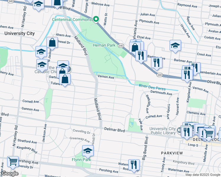 map of restaurants, bars, coffee shops, grocery stores, and more near 7120 Dartmouth Avenue in University City