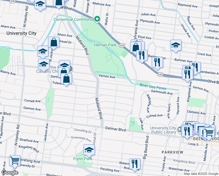 map of restaurants, bars, coffee shops, grocery stores, and more near 7120 Dartmouth Avenue in University City