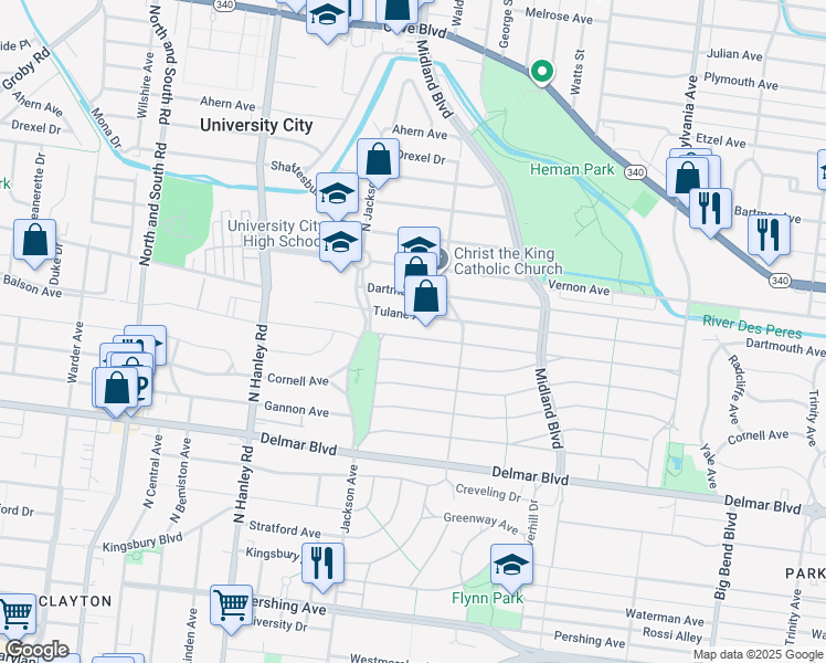 map of restaurants, bars, coffee shops, grocery stores, and more near 7353 Tulane Avenue in University City