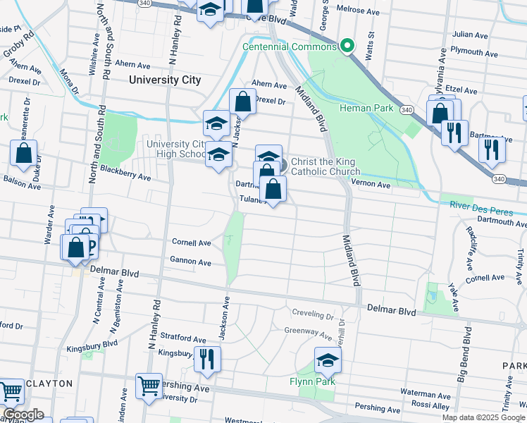 map of restaurants, bars, coffee shops, grocery stores, and more near 7353 Tulane Avenue in University City