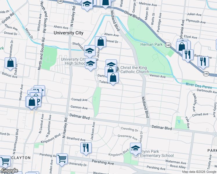map of restaurants, bars, coffee shops, grocery stores, and more near 7354 Tulane Avenue in University City
