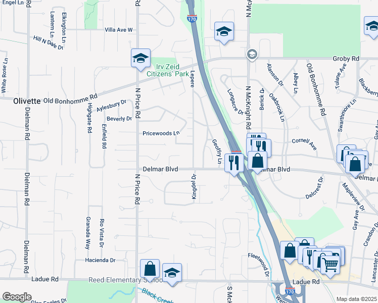 map of restaurants, bars, coffee shops, grocery stores, and more near 643 West Canterbury Road in St. Louis