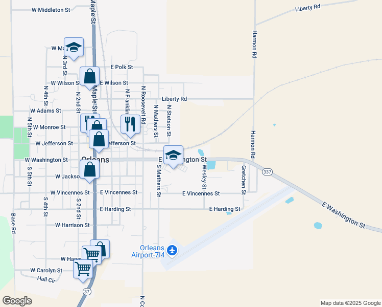 map of restaurants, bars, coffee shops, grocery stores, and more near 570 East Jefferson Street in Orleans