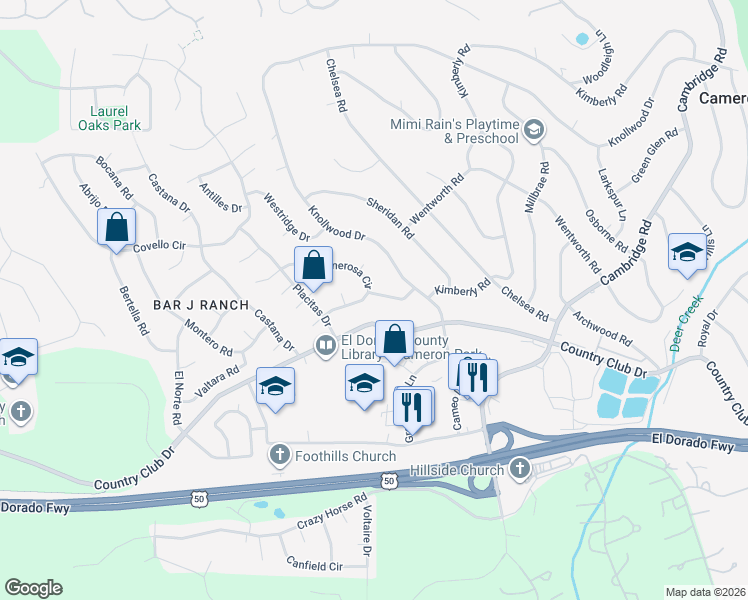 map of restaurants, bars, coffee shops, grocery stores, and more near 2561 Solano Road in Cameron Park