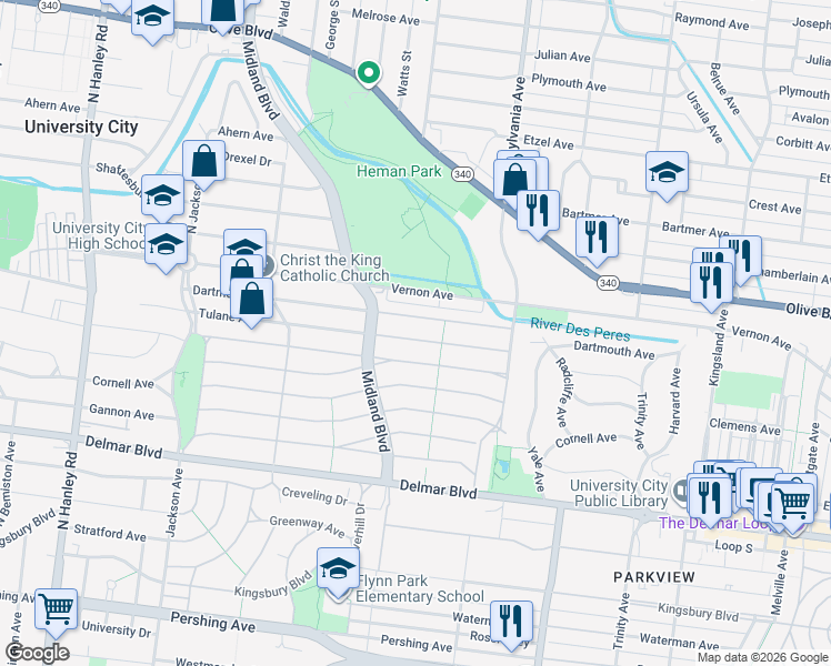 map of restaurants, bars, coffee shops, grocery stores, and more near 7120 Dartmouth Avenue in University City