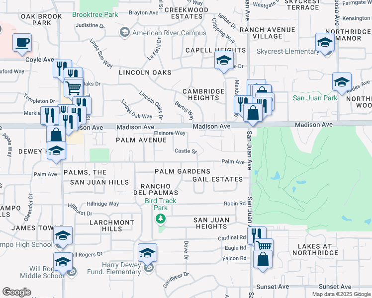 map of restaurants, bars, coffee shops, grocery stores, and more near 5334 Castle Street in Fair Oaks