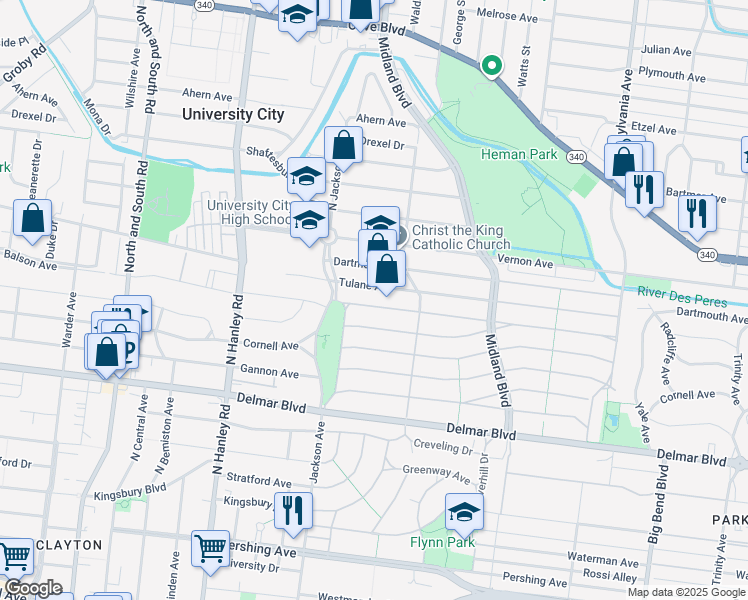 map of restaurants, bars, coffee shops, grocery stores, and more near 7353 Tulane Avenue in University City