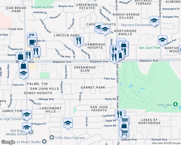 map of restaurants, bars, coffee shops, grocery stores, and more near 5338 Elsinore Way in Fair Oaks