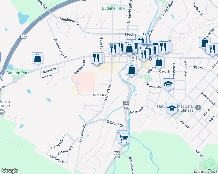 map of restaurants, bars, coffee shops, grocery stores, and more near 143 South Court Street in Luray