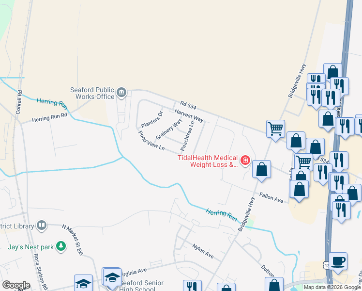 map of restaurants, bars, coffee shops, grocery stores, and more near 711 Four Seasons Court in Seaford