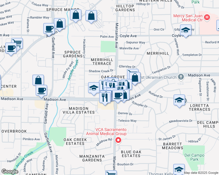 map of restaurants, bars, coffee shops, grocery stores, and more near 5816 Peppermill Court in Sacramento