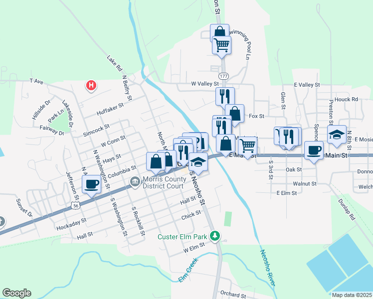 map of restaurants, bars, coffee shops, grocery stores, and more near 28 North Neosho Street in Council Grove