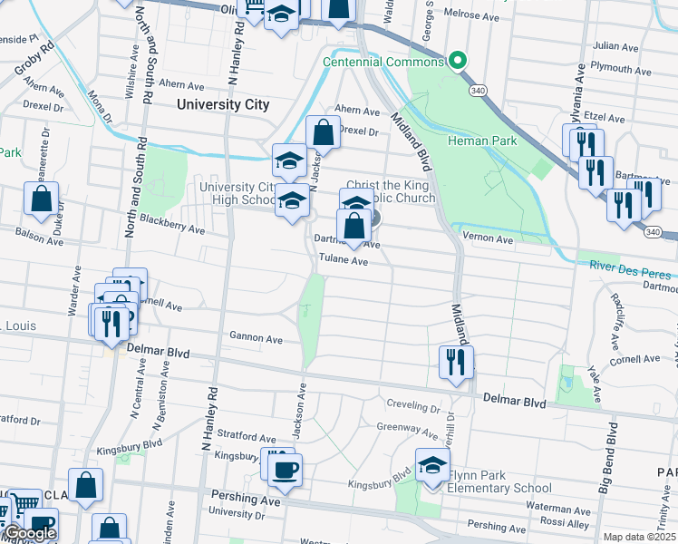 map of restaurants, bars, coffee shops, grocery stores, and more near 7359 Amherst Avenue in University City