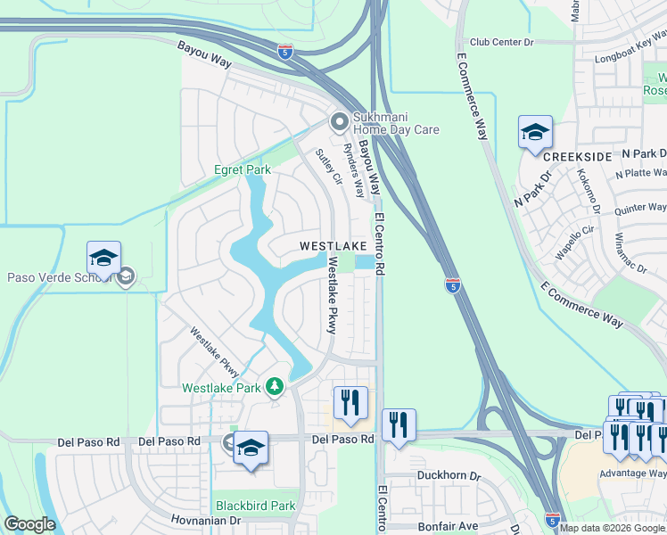 map of restaurants, bars, coffee shops, grocery stores, and more near Westlake Parkway in Sacramento