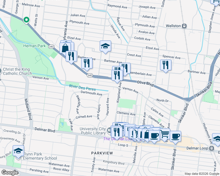 map of restaurants, bars, coffee shops, grocery stores, and more near 6729 Vernon Avenue in University City