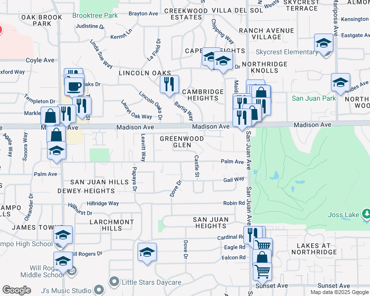 map of restaurants, bars, coffee shops, grocery stores, and more near 5338 Elsinore Way in Fair Oaks