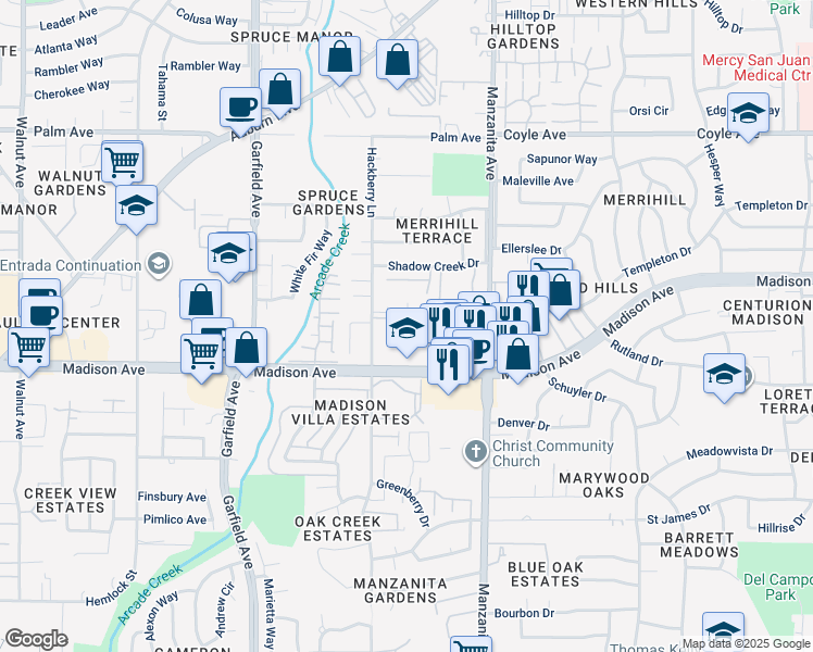 map of restaurants, bars, coffee shops, grocery stores, and more near 5300 Hackberry Lane in Sacramento