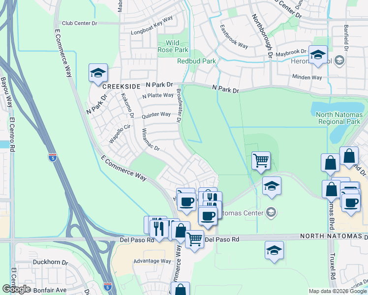 map of restaurants, bars, coffee shops, grocery stores, and more near 4886 Watseka Way in Sacramento