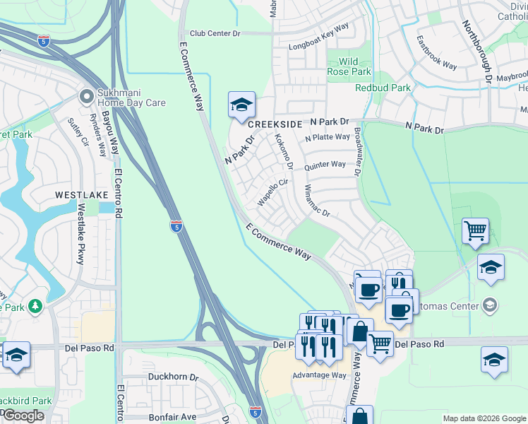 map of restaurants, bars, coffee shops, grocery stores, and more near 360 Wapello Circle in Sacramento