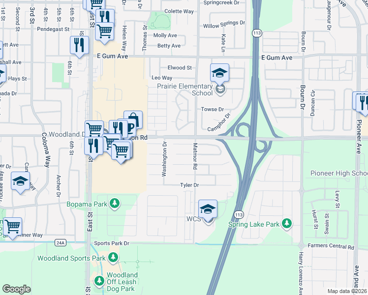 map of restaurants, bars, coffee shops, grocery stores, and more near 1363 Roosevelt Place in Woodland