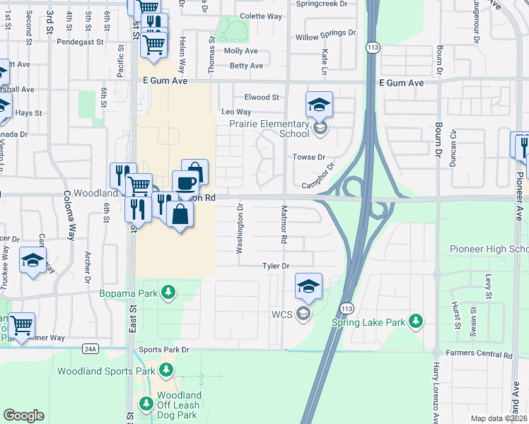 map of restaurants, bars, coffee shops, grocery stores, and more near 1363 Roosevelt Place in Woodland