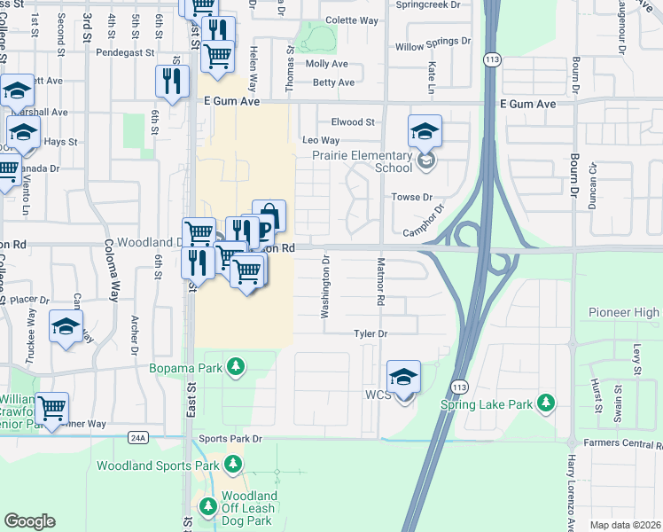 map of restaurants, bars, coffee shops, grocery stores, and more near 1333 Adams Court in Woodland