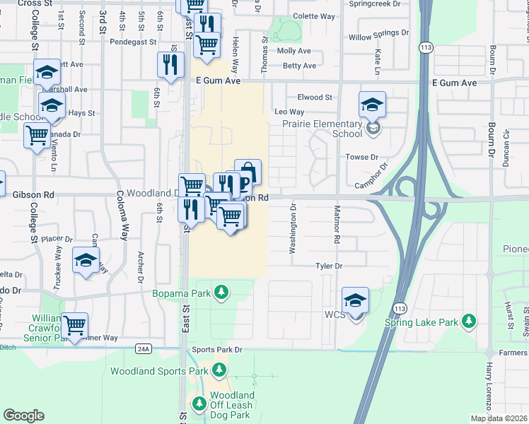 map of restaurants, bars, coffee shops, grocery stores, and more near 1301 Adams Court in Woodland