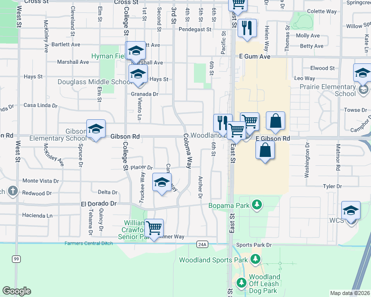 map of restaurants, bars, coffee shops, grocery stores, and more near 1418 Coloma Way in Woodland