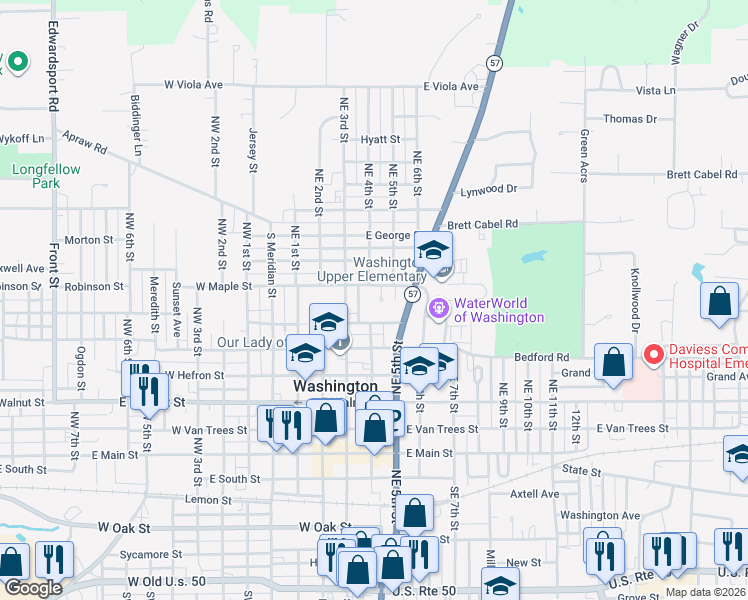 map of restaurants, bars, coffee shops, grocery stores, and more near 402 East Maple Street in Washington