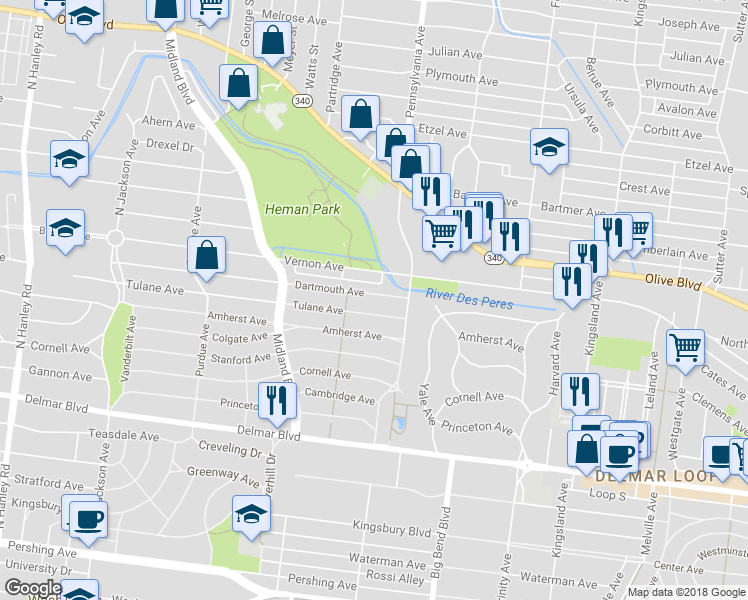 map of restaurants, bars, coffee shops, grocery stores, and more near 7049 Dartmouth Avenue in University City