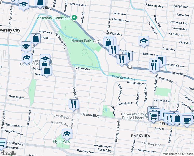 map of restaurants, bars, coffee shops, grocery stores, and more near 7049 Dartmouth Avenue in University City