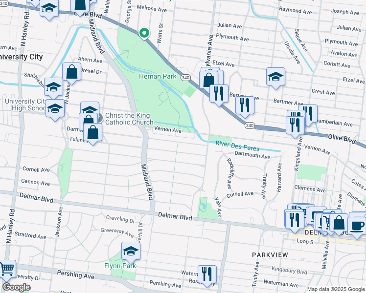 map of restaurants, bars, coffee shops, grocery stores, and more near 7049 Dartmouth Avenue in University City