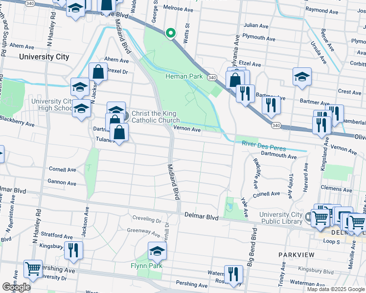 map of restaurants, bars, coffee shops, grocery stores, and more near 912 Midland Boulevard in University City
