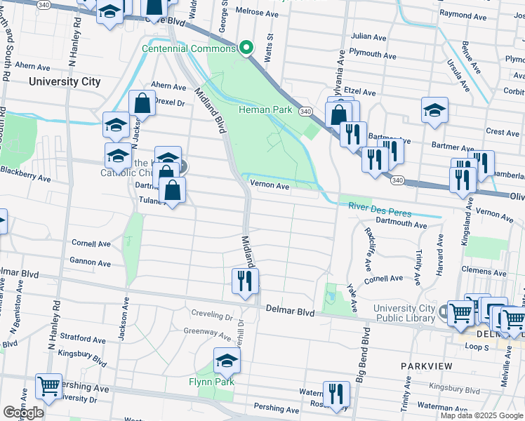 map of restaurants, bars, coffee shops, grocery stores, and more near 912 Midland Boulevard in University City