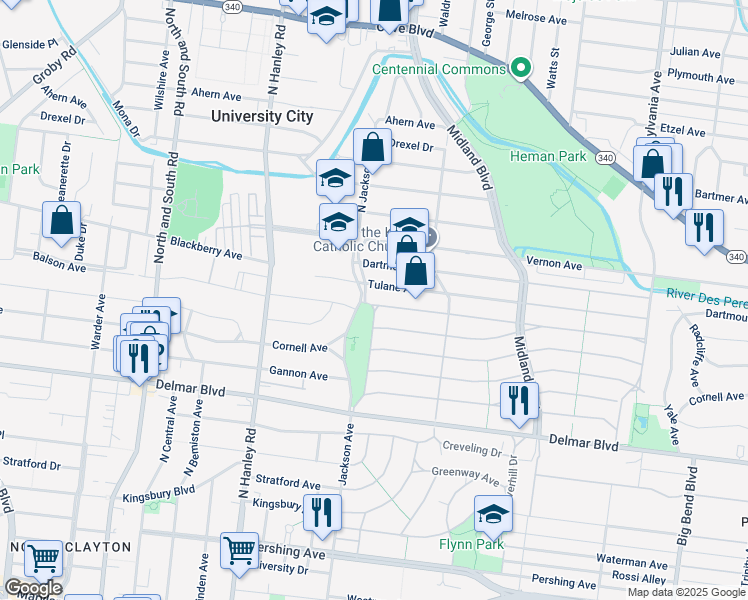 map of restaurants, bars, coffee shops, grocery stores, and more near 7353 Tulane Avenue in University City