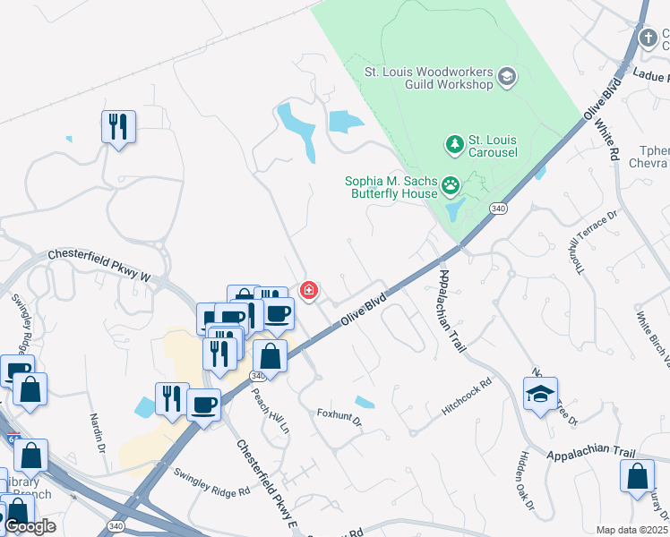 map of restaurants, bars, coffee shops, grocery stores, and more near 804 Brae Court in Chesterfield