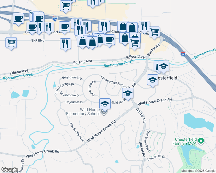 map of restaurants, bars, coffee shops, grocery stores, and more near 16654 Chesterfield Farms Drive in Chesterfield