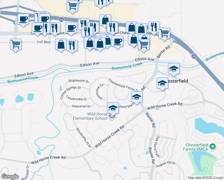 map of restaurants, bars, coffee shops, grocery stores, and more near 208 Lehigh Meadows Drive in Chesterfield