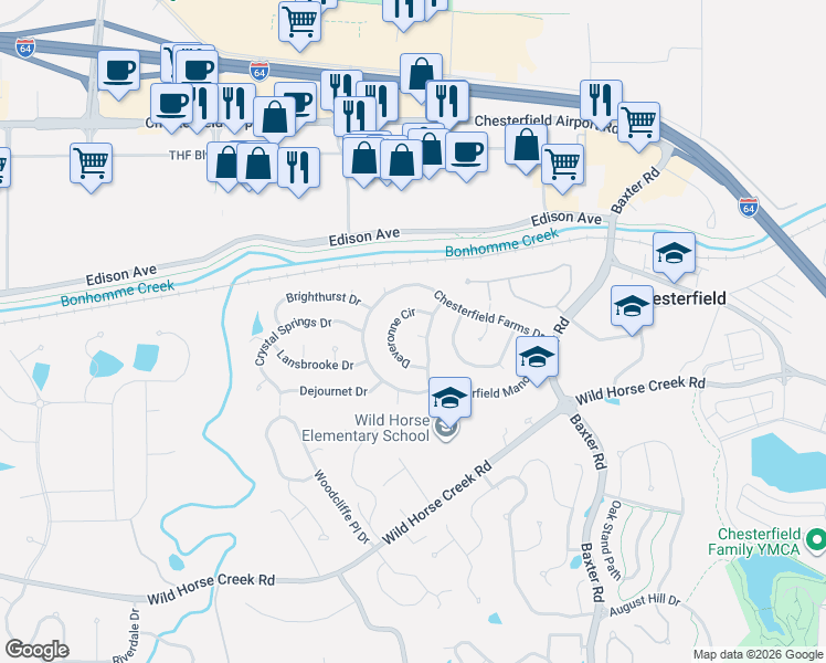 map of restaurants, bars, coffee shops, grocery stores, and more near 16727 Deveronne Circle in Chesterfield