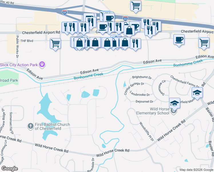 map of restaurants, bars, coffee shops, grocery stores, and more near 17172 Edison Avenue in Chesterfield