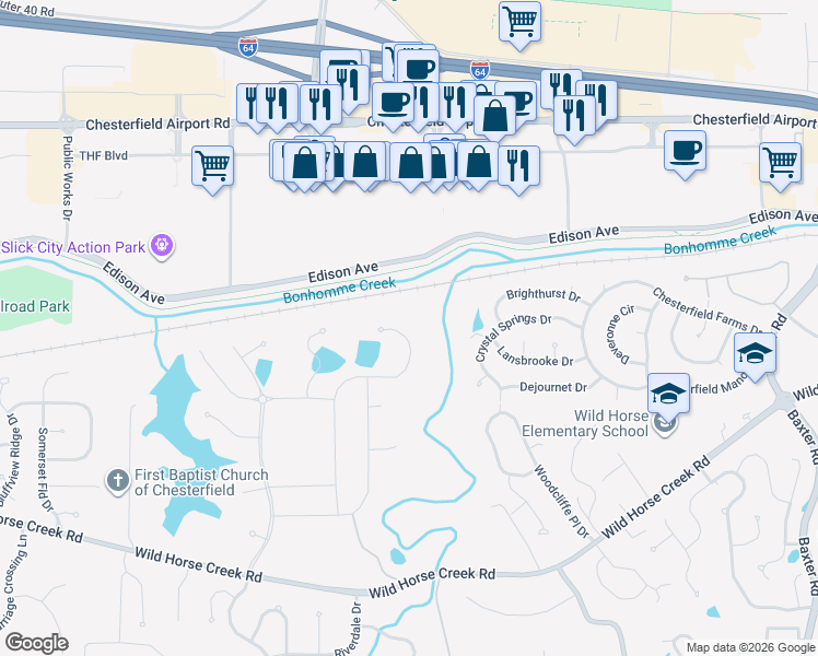 map of restaurants, bars, coffee shops, grocery stores, and more near 17172 Edison Avenue in Chesterfield